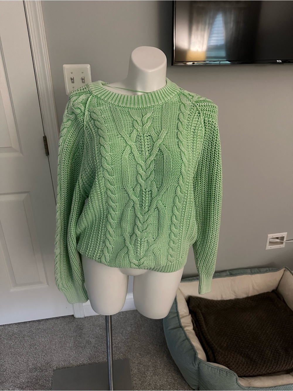 Free People Pastel Mint Cable-Knit Crew Sweater